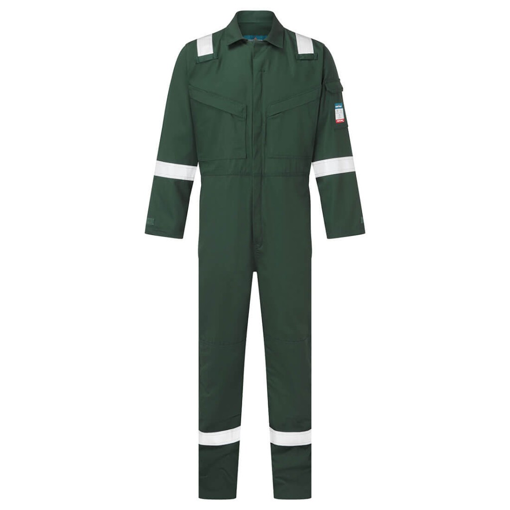 A green coverall featuring flame-resistant fabric, suitable for a wide range of outdoor and site work applications.