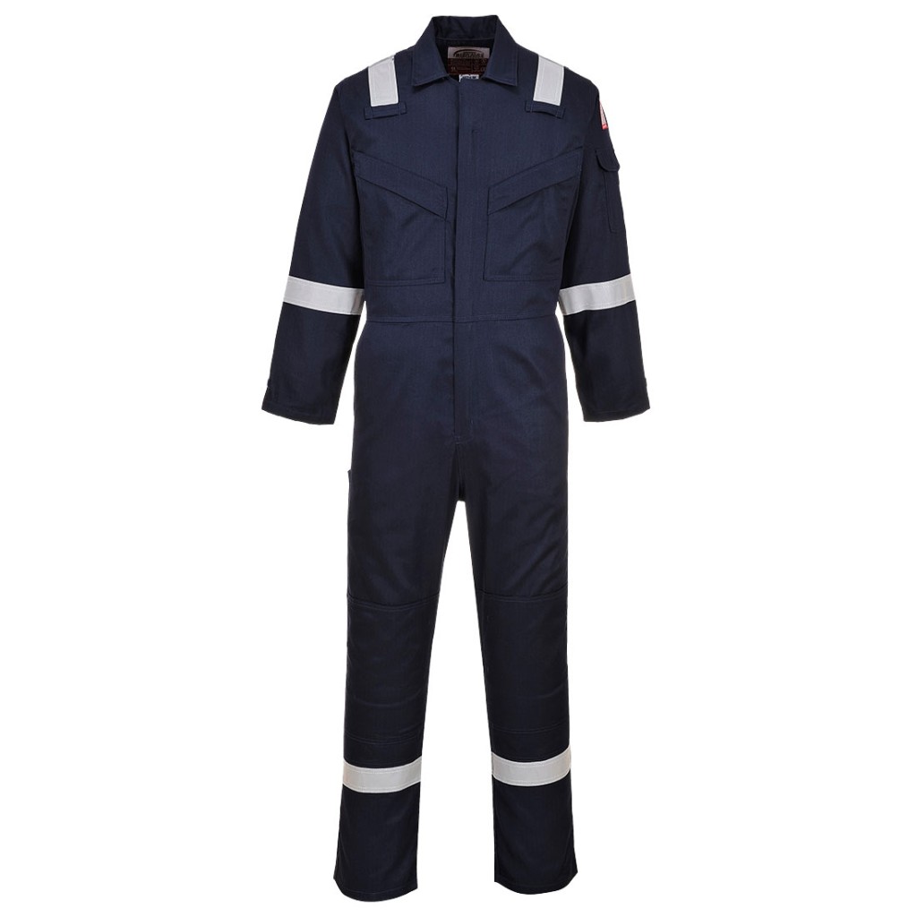 A navy blue coverall featuring flame-resistant fabric, suitable for a wide range of outdoor and site work applications.