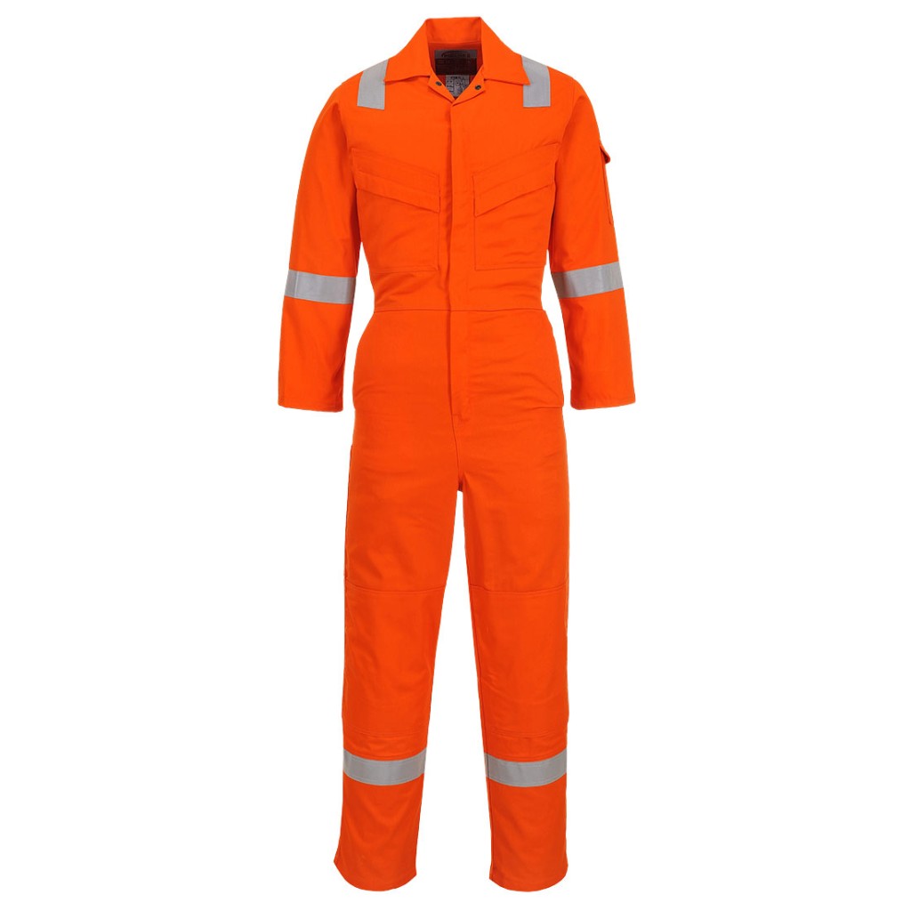 A orange coverall featuring flame-resistant fabric, suitable for a wide range of outdoor and site work applications.