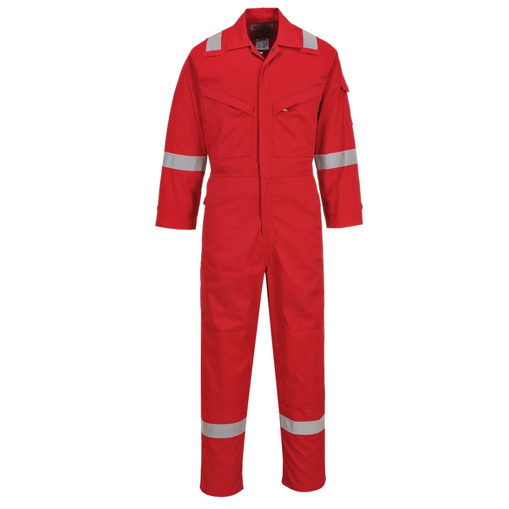 A red coverall featuring flame-resistant fabric, suitable for a wide range of outdoor and site work applications.