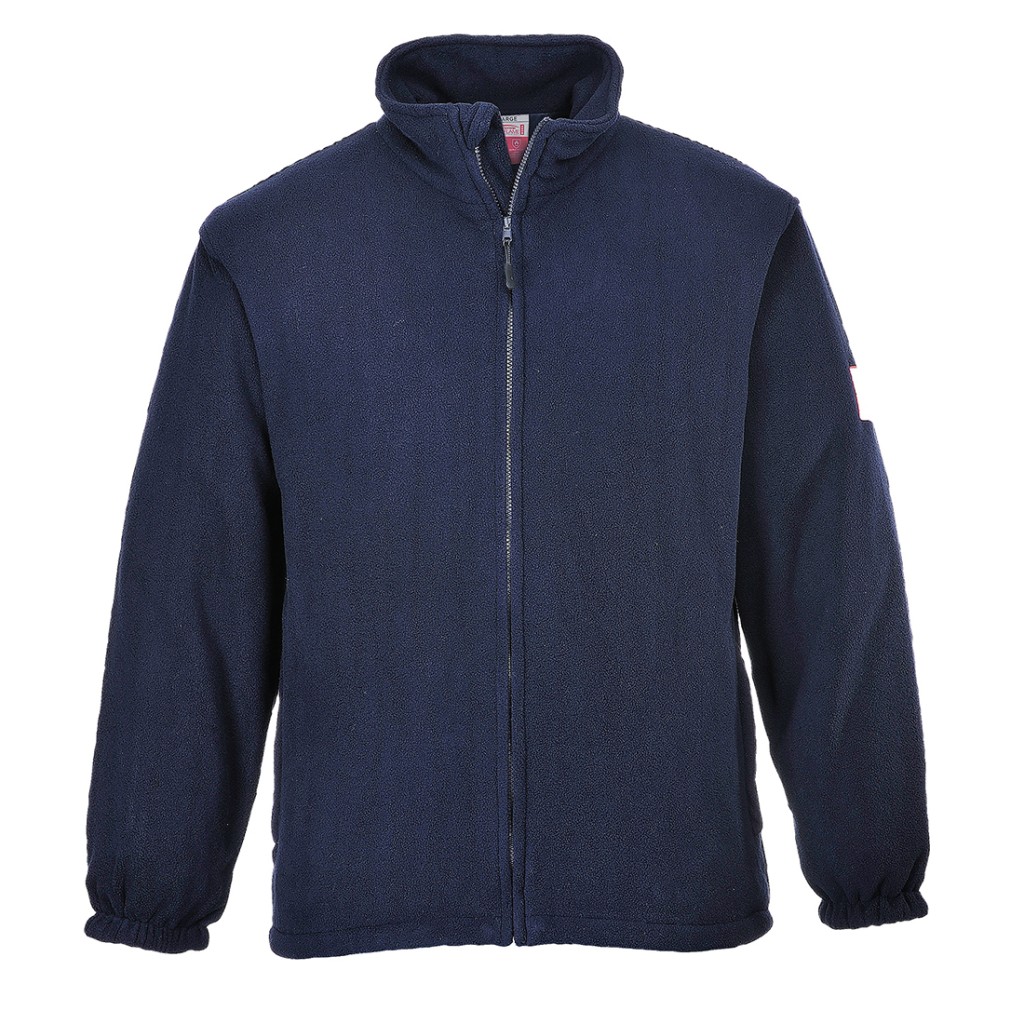 A navy blue fleece jacket featuring flame-resistant fabric, suitable for a wide range of outdoor and site work applications.