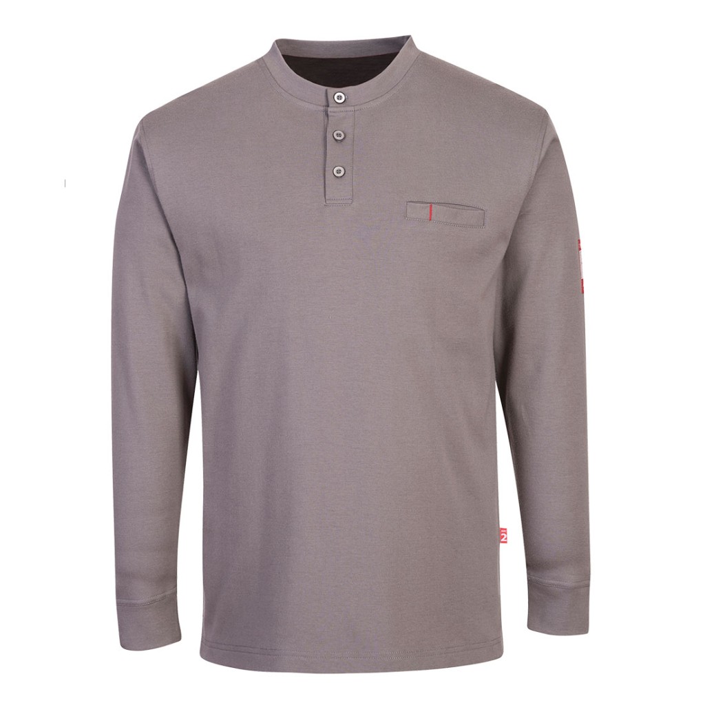 A grey workwear garment featuring flame-resistant fabric, suitable for a wide range of outdoor and site work applications.