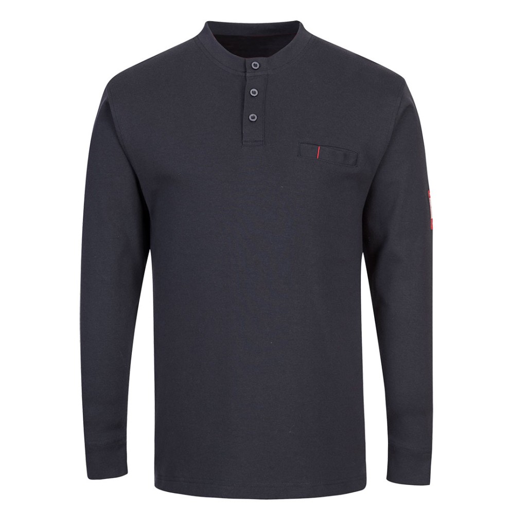 A navy blue workwear garment featuring flame-resistant fabric, suitable for a wide range of outdoor and site work applications.