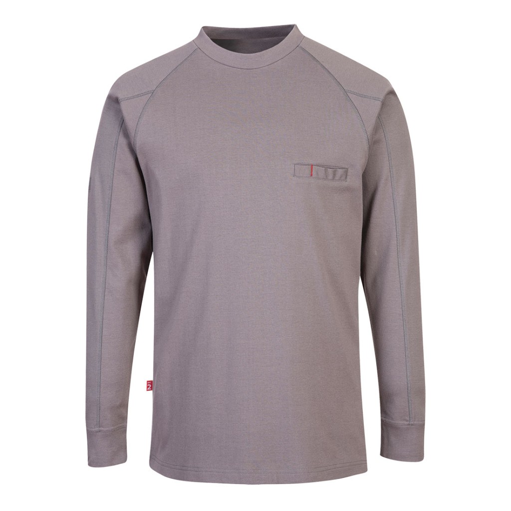 A grey work shirt featuring flame-resistant fabric, suitable for a wide range of outdoor and site work applications.