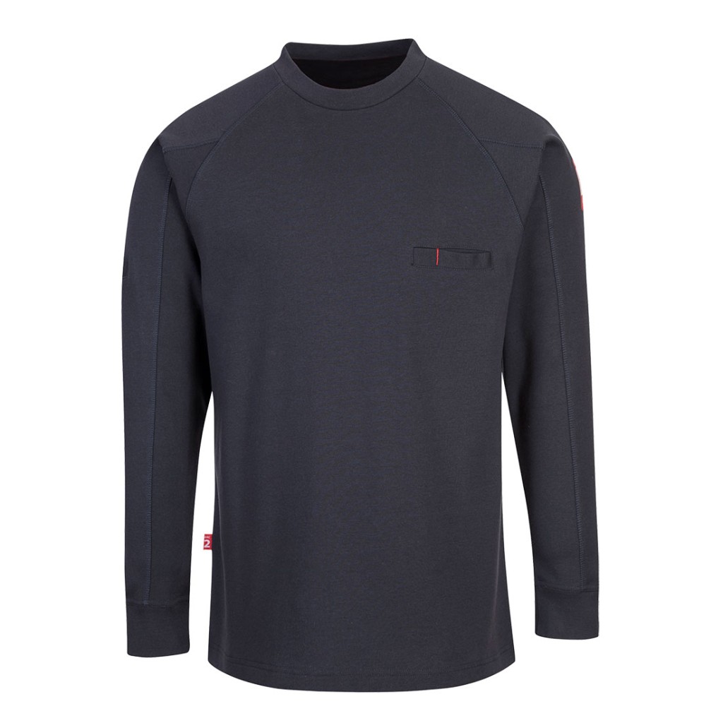 A navy blue work shirt featuring flame-resistant fabric, suitable for a wide range of outdoor and site work applications.