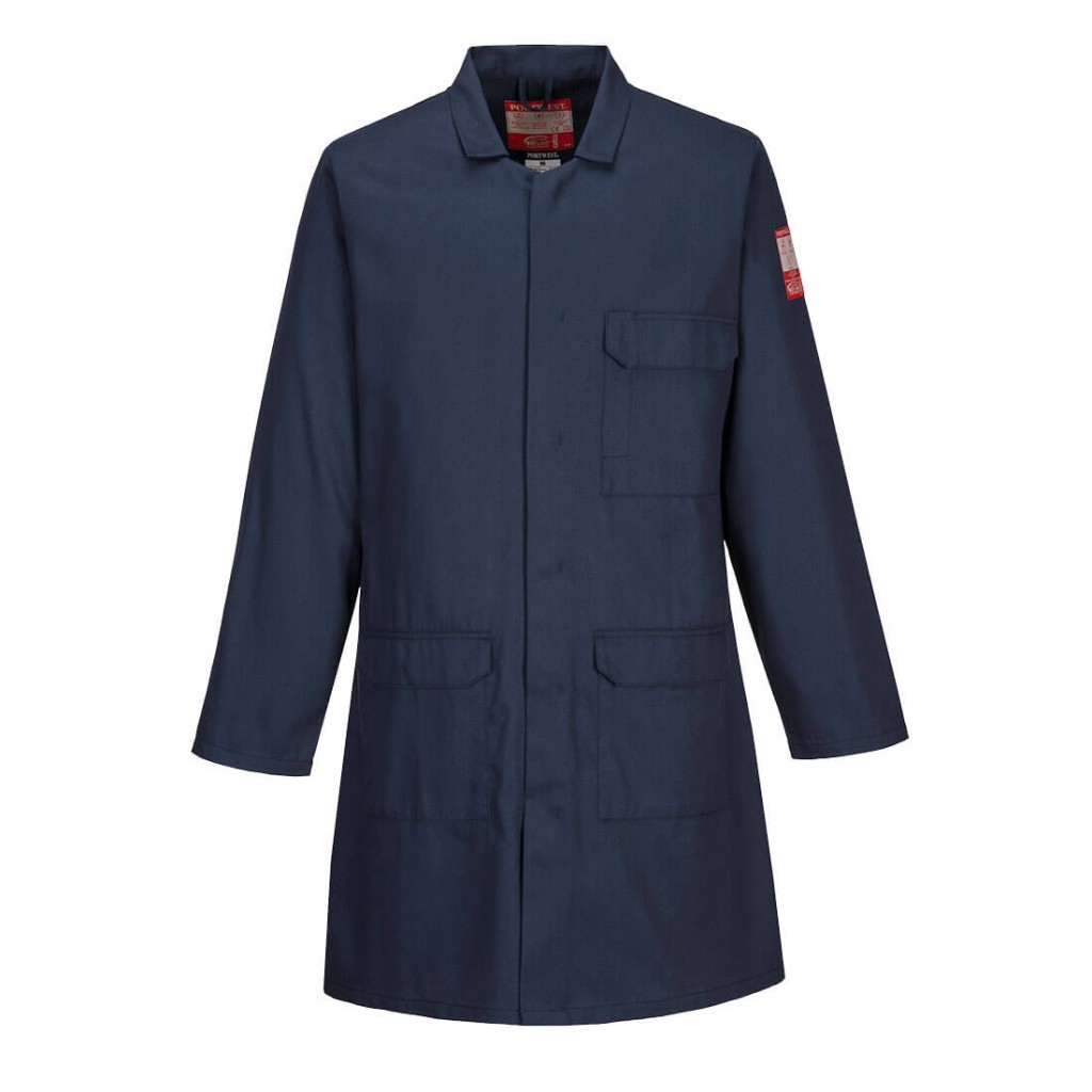 A navy blue jacket featuring flame-resistant fabric, suitable for a wide range of outdoor and site work applications.