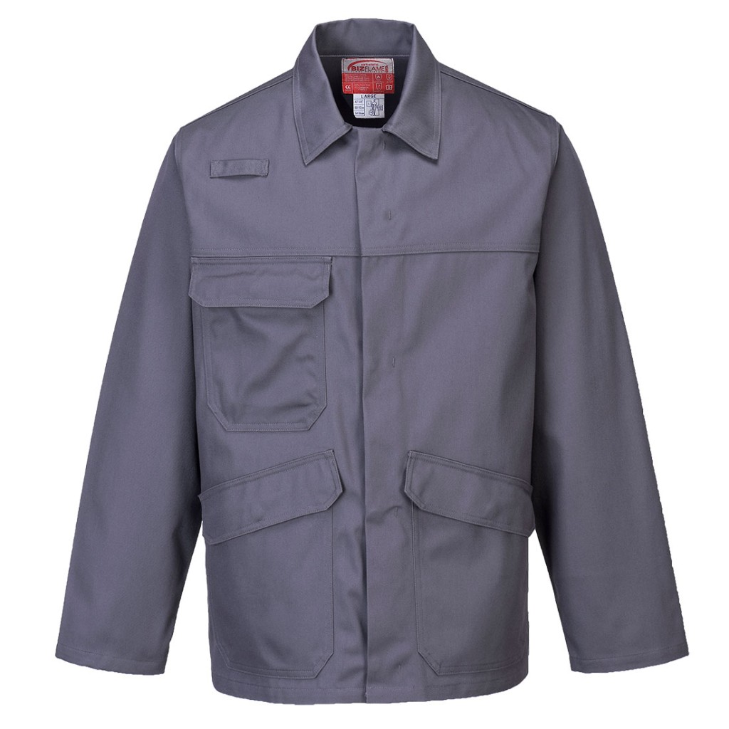 A grey jacket featuring flame-resistant fabric, suitable for a wide range of outdoor and site work applications.
