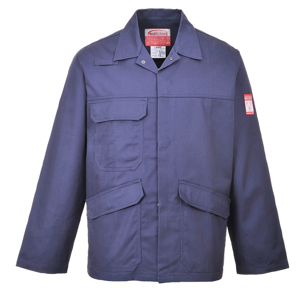 A navy blue jacket featuring flame-resistant fabric, suitable for a wide range of outdoor and site work applications.