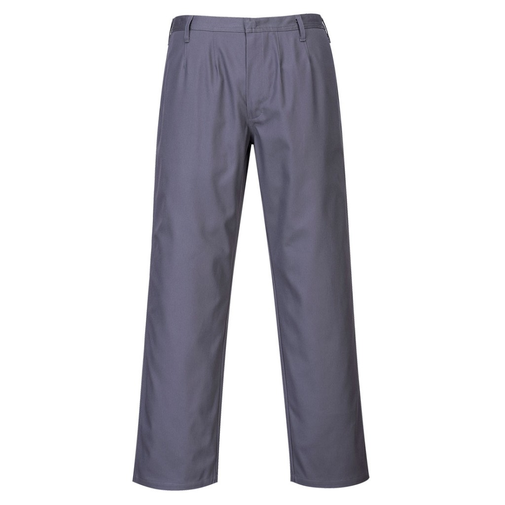 A pair of grey work trousers featuring flame-resistant fabric, suitable for a wide range of outdoor and site work applications.