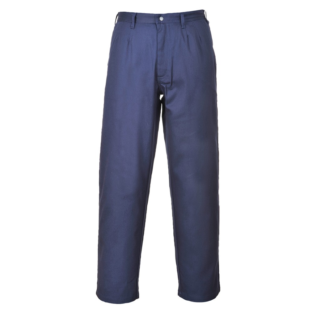A pair of navy blue work trousers featuring flame-resistant fabric, suitable for a wide range of outdoor and site work applications.