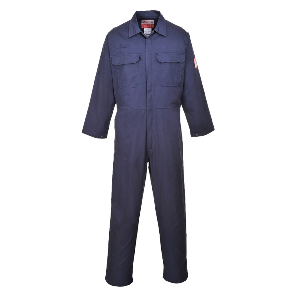 A navy blue coverall featuring flame-resistant fabric, suitable for a wide range of outdoor and site work applications.