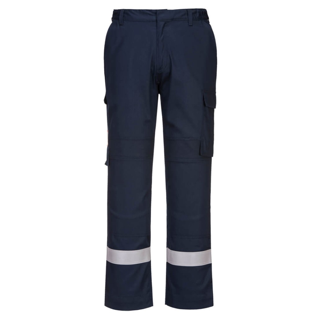 A pair of navy blue work trousers featuring stretch panels for ease of movement, flame-resistant fabric, suitable for a wide range of outdoor and site work applications.