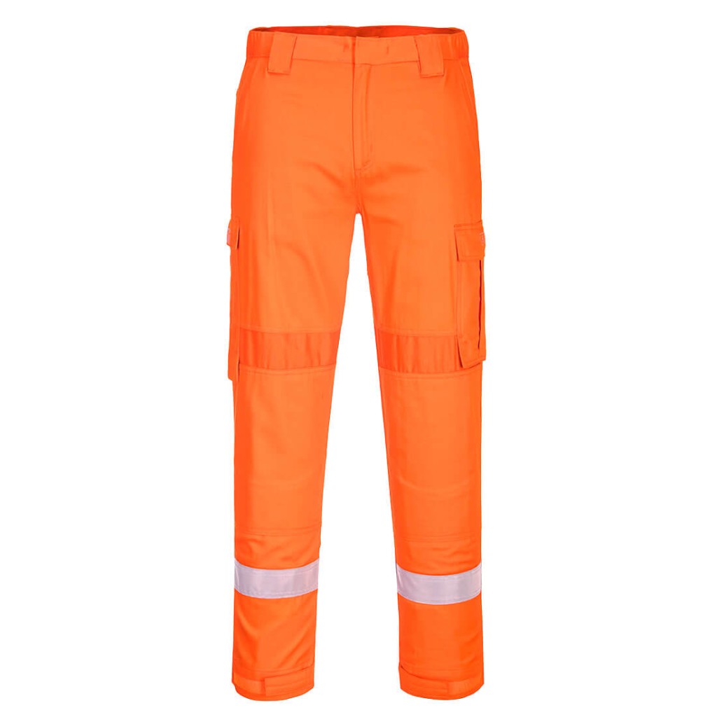 A pair of orange work trousers featuring stretch panels for ease of movement, flame-resistant fabric, suitable for a wide range of outdoor and site work applications.