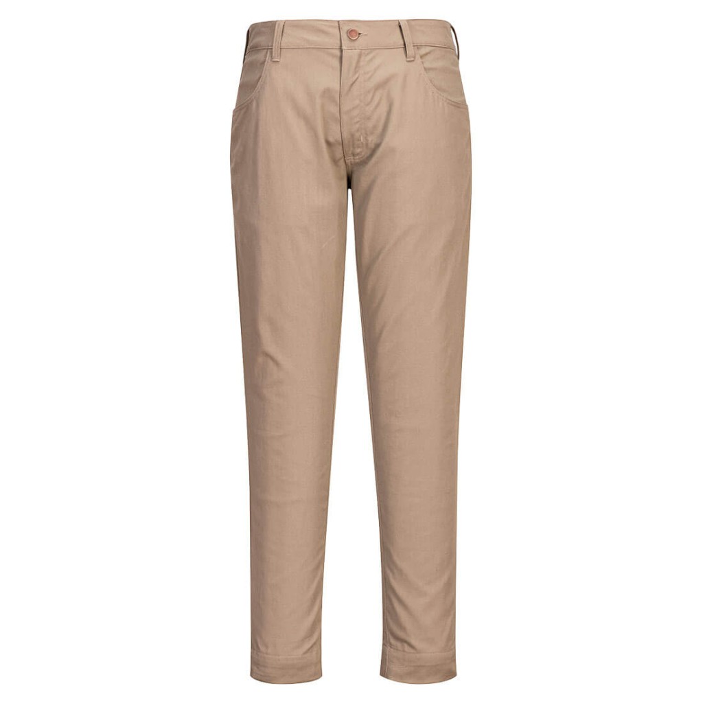 A pair of khaki work trousers featuring stretch panels for ease of movement, flame-resistant fabric, suitable for a wide range of outdoor and site work applications.