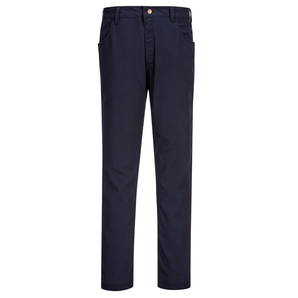 A pair of navy blue work trousers featuring stretch panels for ease of movement, flame-resistant fabric, suitable for a wide range of outdoor and site work applications.