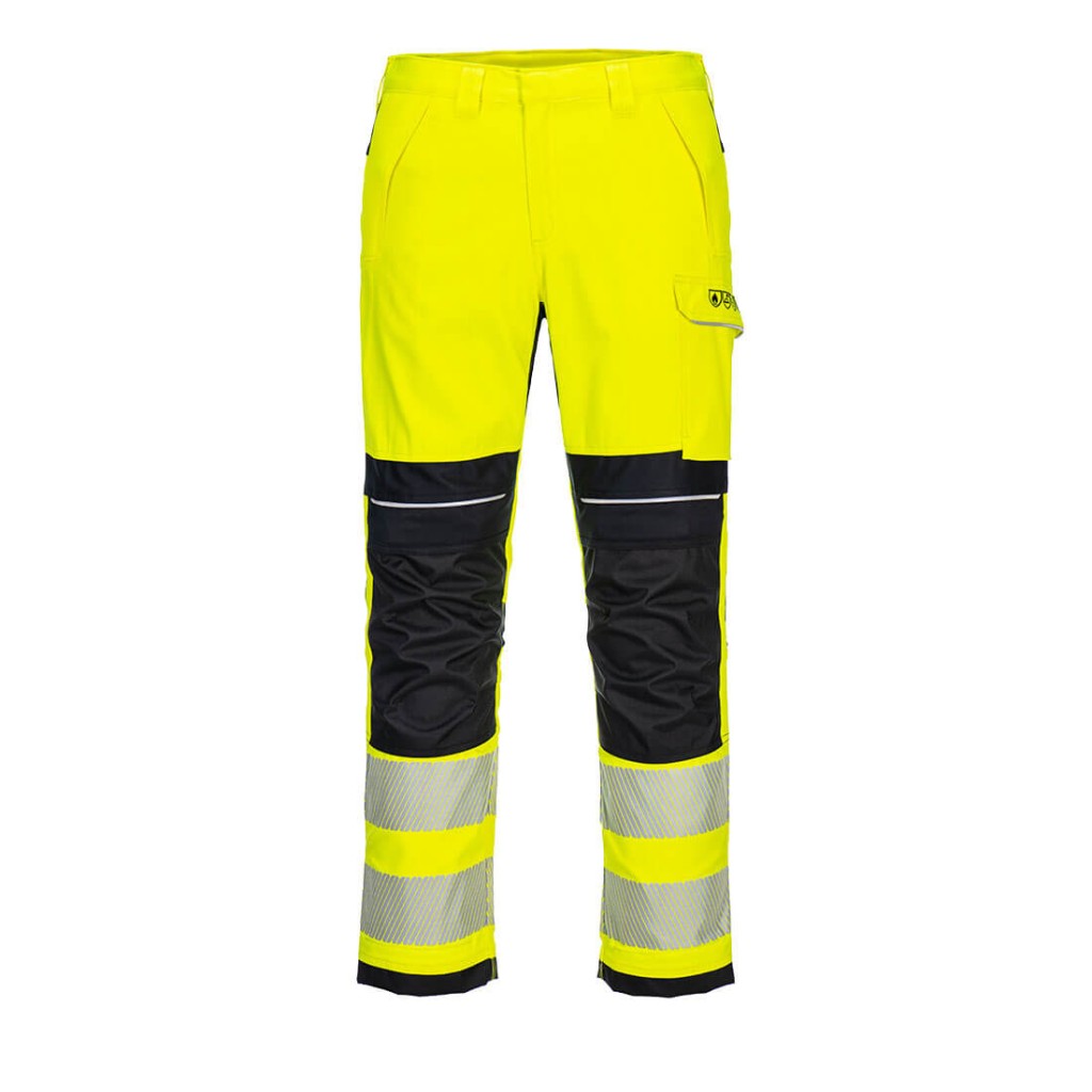 A pair of high-visibility yellow trousers featuring retroreflective tape panels, flame-resistant fabric, suitable for a wide range of outdoor and site work applications.