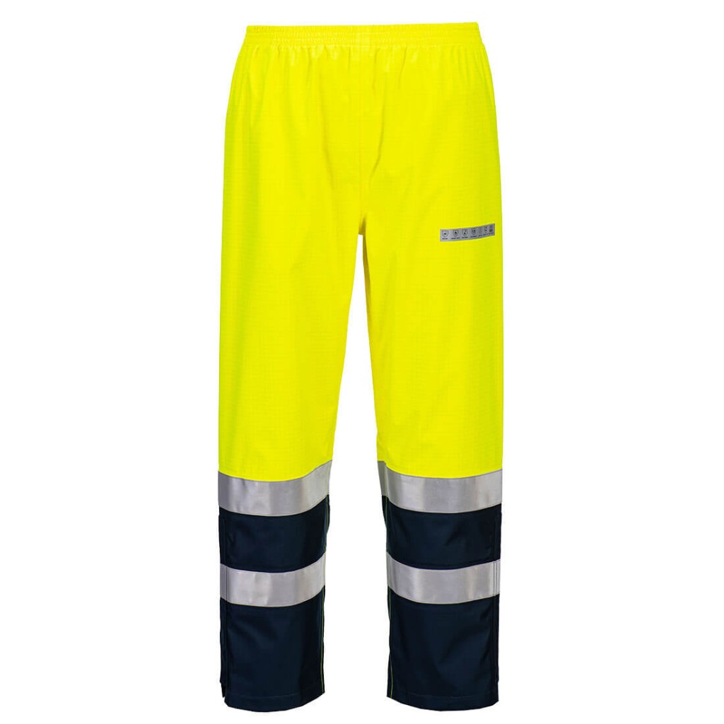 A pair of high-visibility yellow trousers featuring retroreflective tape panels, flame-resistant fabric, suitable for a wide range of outdoor and site work applications.
