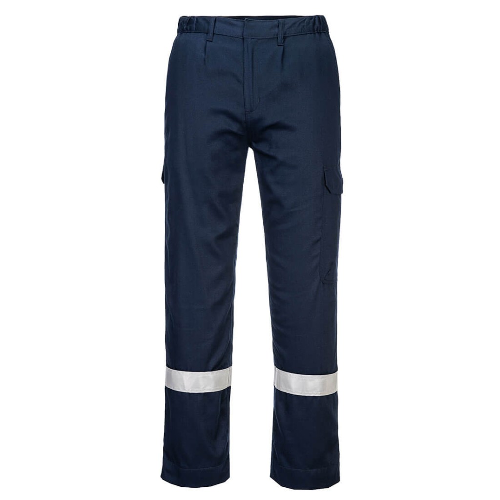 A pair of navy blue work trousers featuring flame-resistant fabric, suitable for a wide range of outdoor and site work applications.
