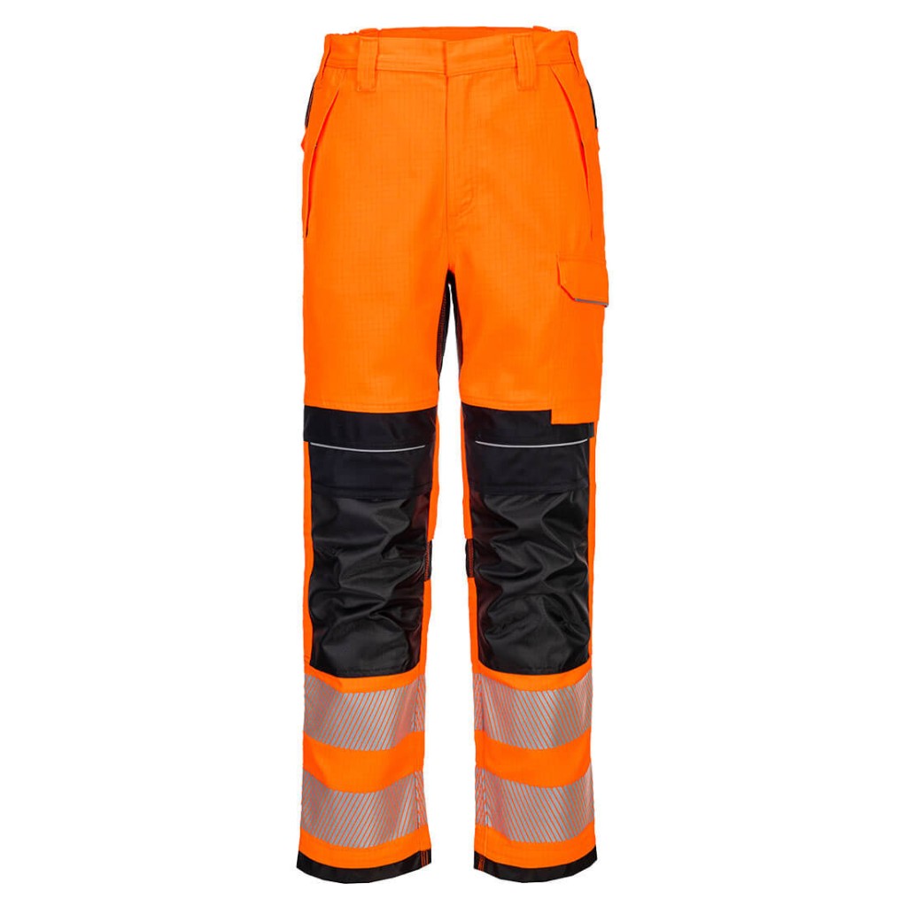 A pair of orange work trousers featuring flame-resistant fabric, suitable for a wide range of outdoor and site work applications.