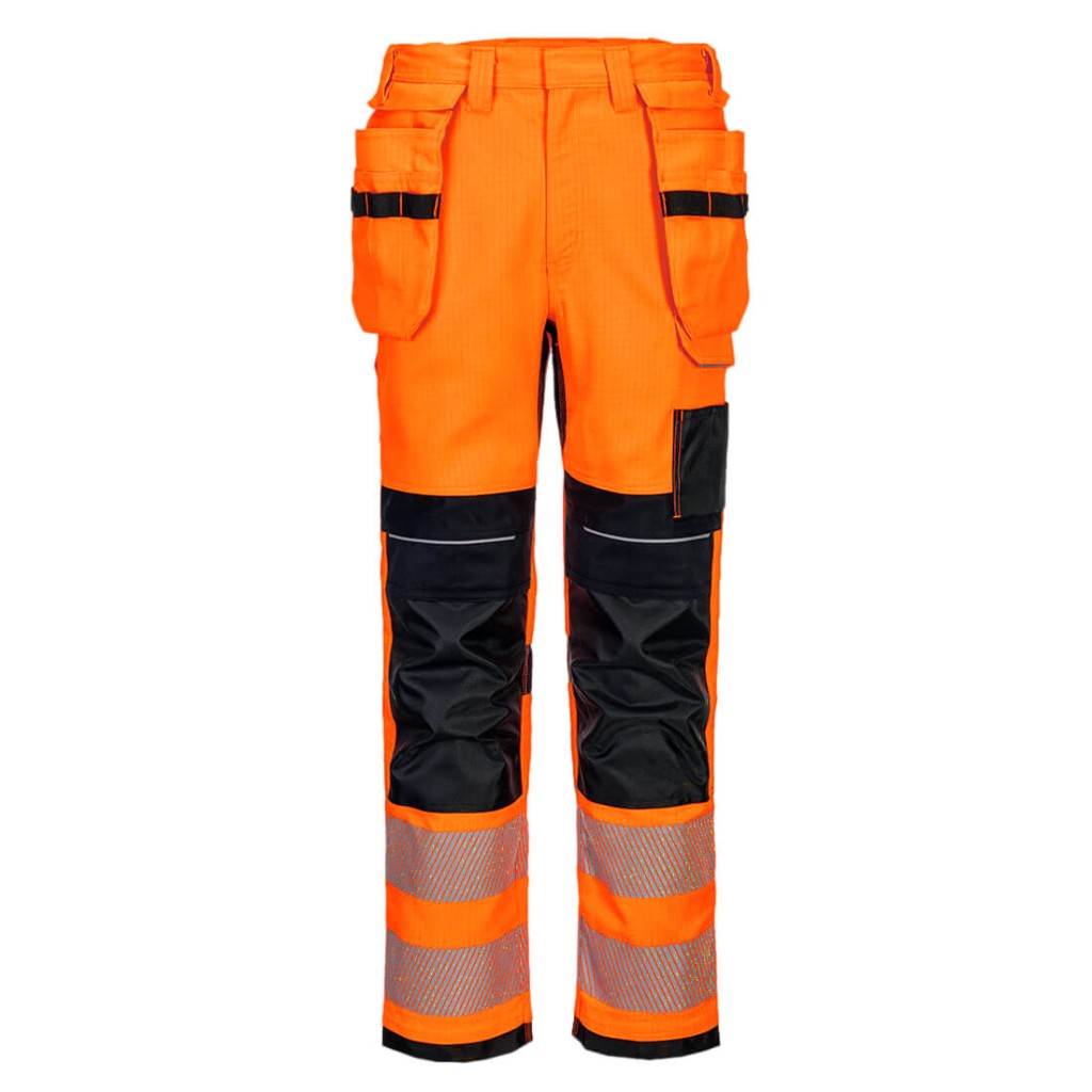 A pair of orange work trousers featuring flame-resistant fabric, suitable for a wide range of outdoor and site work applications.