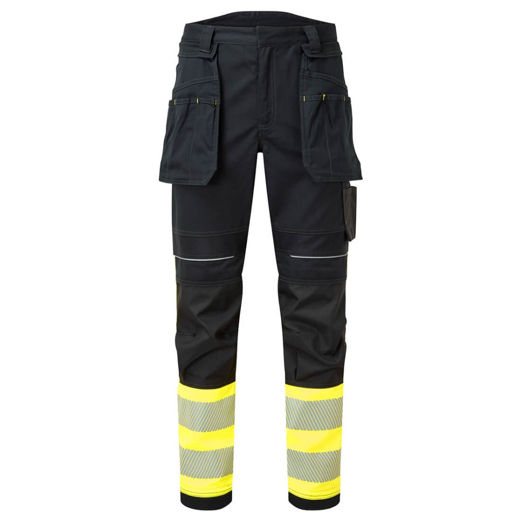 A pair of high-visibility yellow trousers featuring retroreflective tape panels, flame-resistant fabric, suitable for a wide range of outdoor and site work applications.