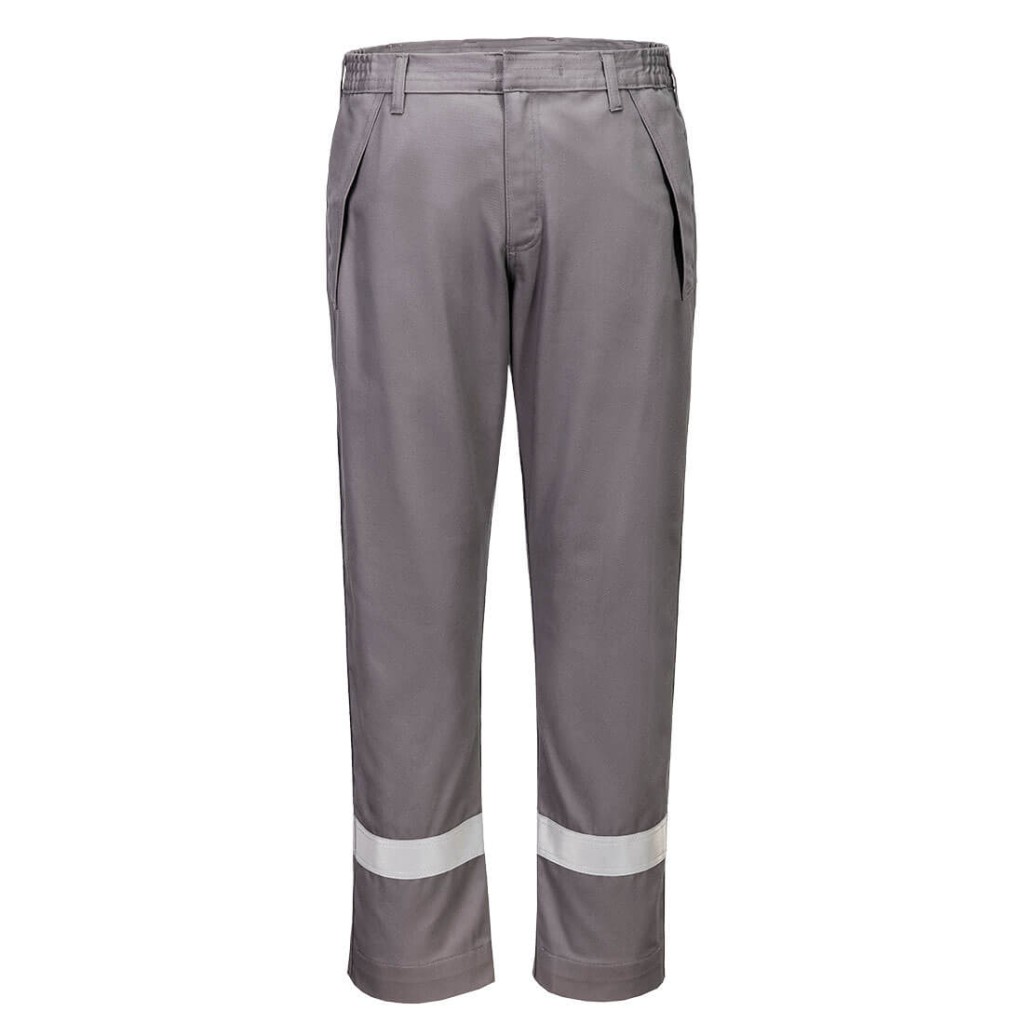 A pair of grey work trousers featuring flame-resistant fabric, suitable for a wide range of outdoor and site work applications.