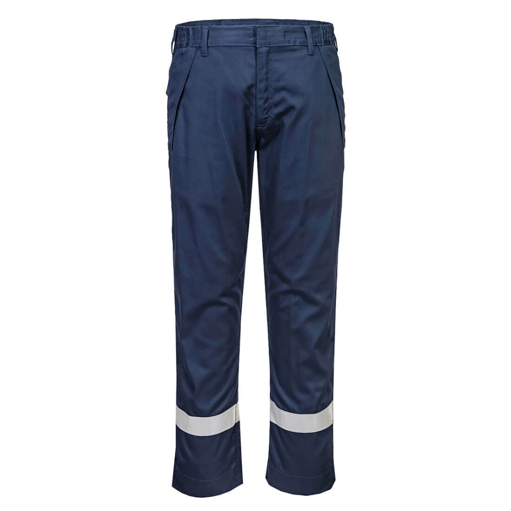 A pair of navy blue work trousers featuring flame-resistant fabric, suitable for a wide range of outdoor and site work applications.