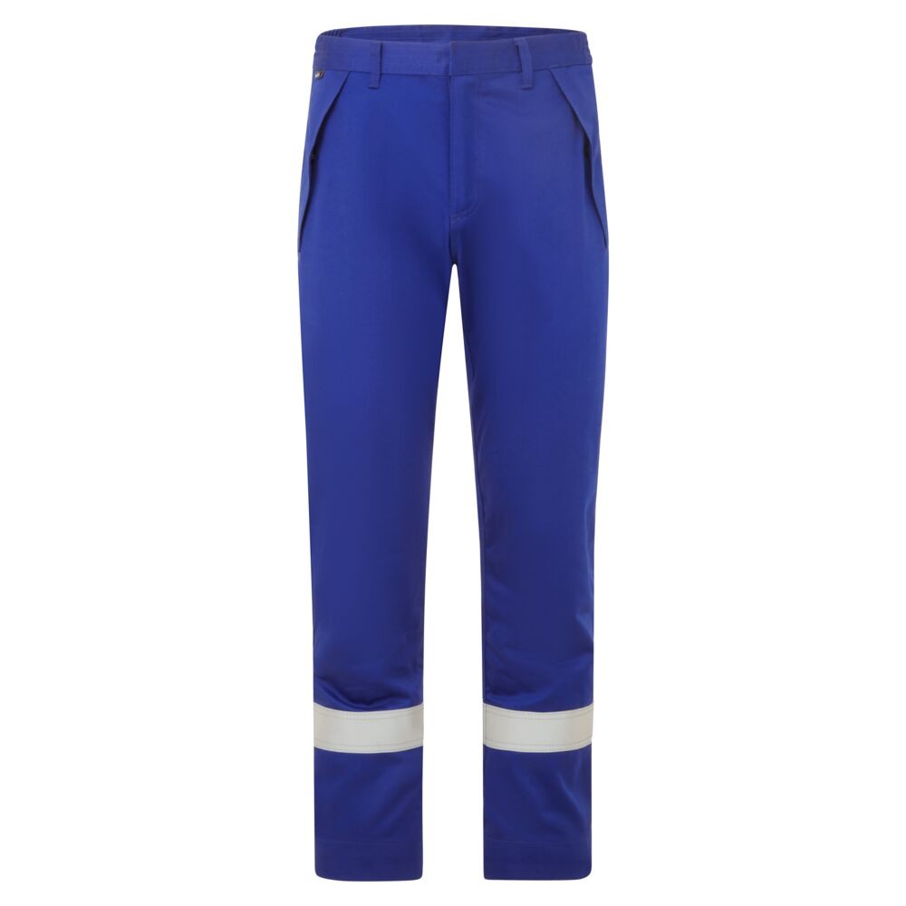 A pair of blue work trousers featuring flame-resistant fabric, suitable for a wide range of outdoor and site work applications.