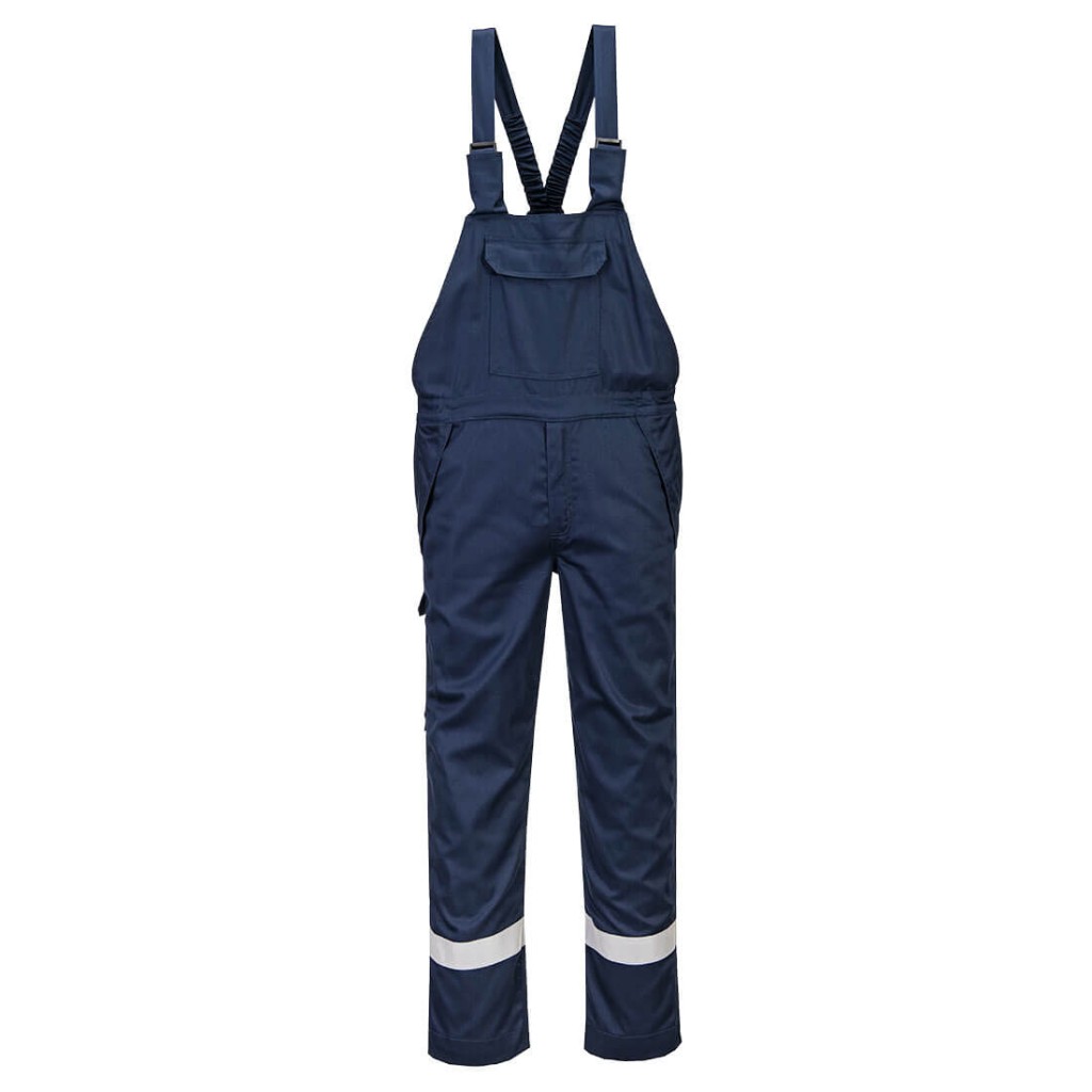 A navy blue workwear garment featuring flame-resistant fabric, suitable for a wide range of outdoor and site work applications.