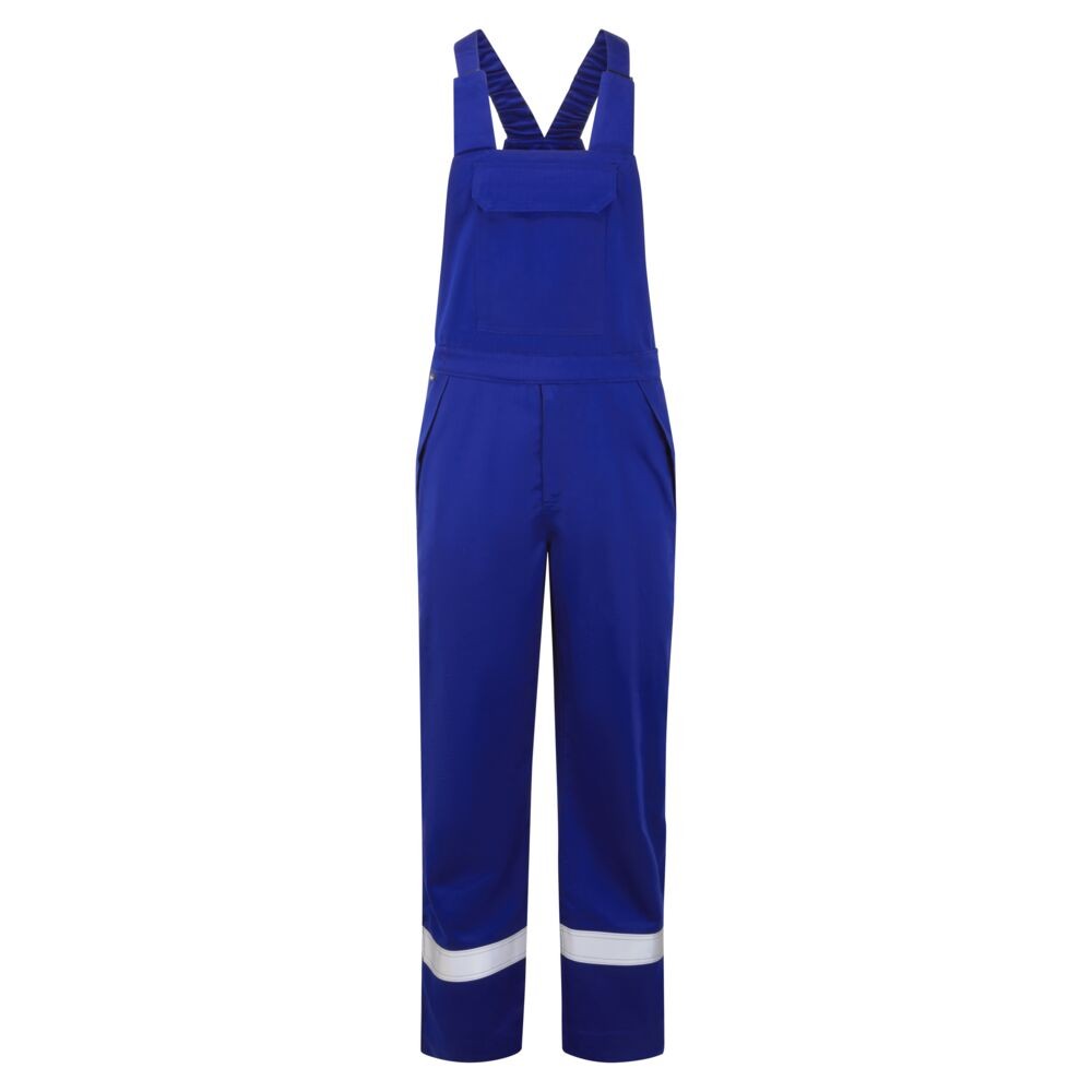 A blue workwear garment featuring flame-resistant fabric, suitable for a wide range of outdoor and site work applications.
