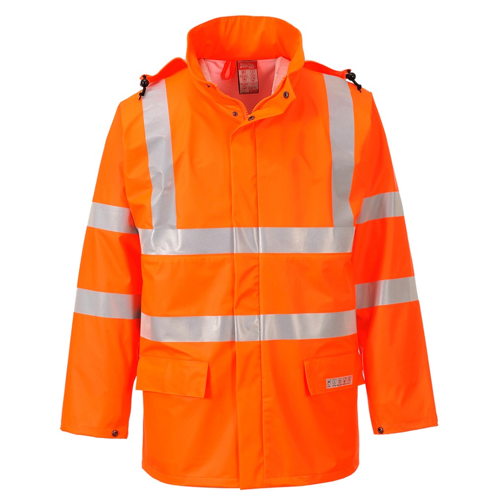 A high-visibility orange jacket featuring retroreflective tape panels, flame-resistant fabric, suitable for a wide range of outdoor and site work applications.