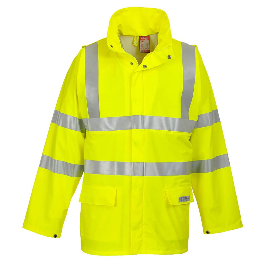 A high-visibility yellow jacket featuring retroreflective tape panels, flame-resistant fabric, suitable for a wide range of outdoor and site work applications.