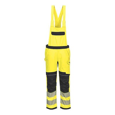 A high-visibility yellow workwear garment featuring retroreflective tape panels, flame-resistant fabric, suitable for a wide range of outdoor and site work applications.