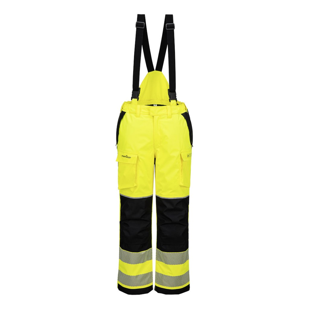 A pair of high-visibility yellow trousers featuring retroreflective tape panels, flame-resistant fabric, suitable for a wide range of outdoor and site work applications.