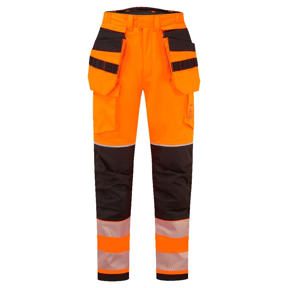 A pair of high-visibility orange trousers featuring retroreflective tape panels, flame-resistant fabric, suitable for a wide range of outdoor and site work applications.