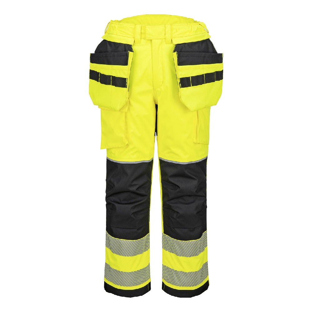 A pair of high-visibility yellow trousers featuring retroreflective tape panels, flame-resistant fabric, suitable for a wide range of outdoor and site work applications.