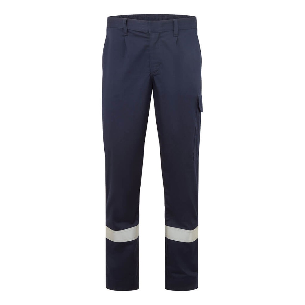 A pair of navy blue work trousers featuring flame-resistant fabric, suitable for a wide range of outdoor and site work applications.