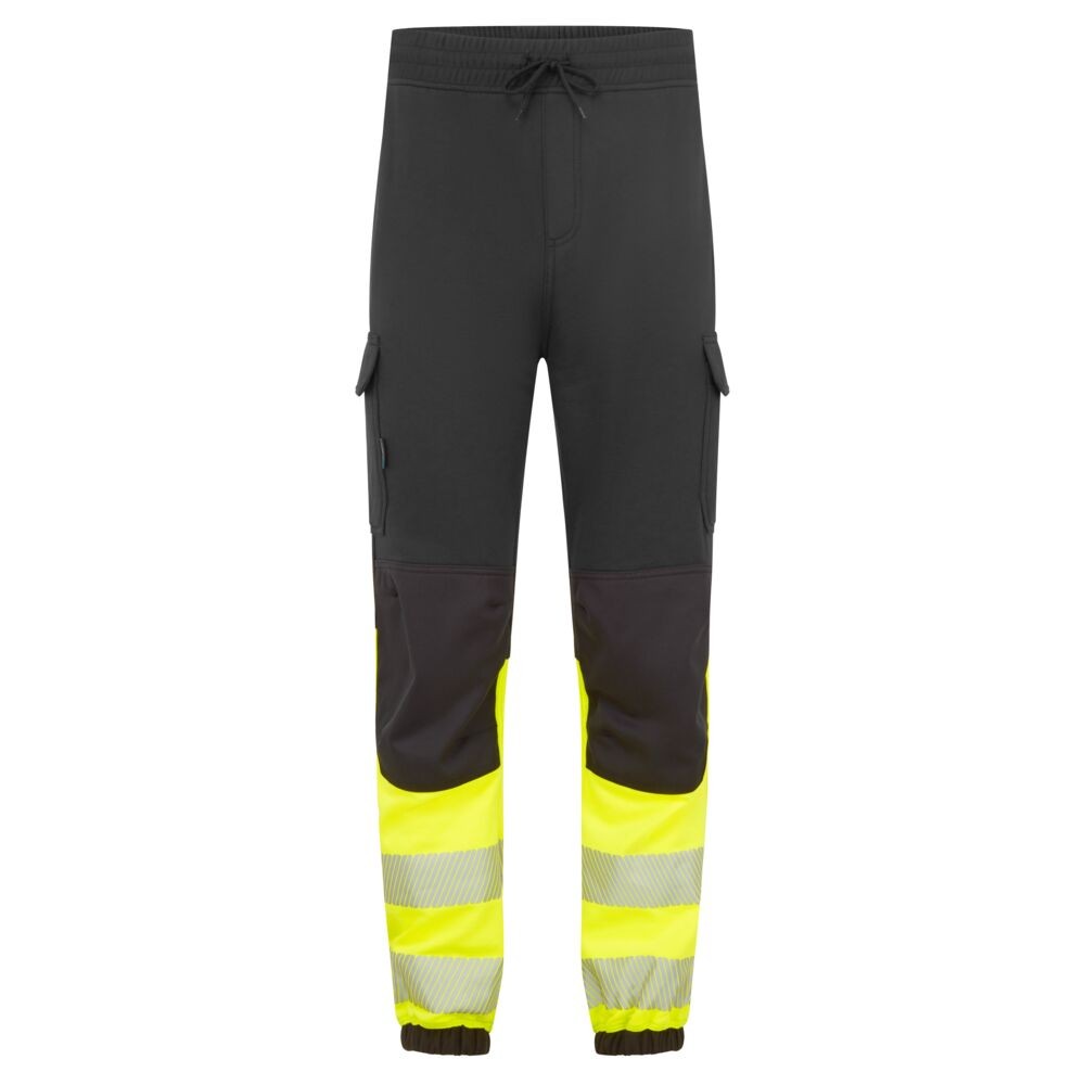 A high-visibility yellow workwear garment featuring retroreflective tape panels, flame-resistant fabric, suitable for a wide range of outdoor and site work applications.