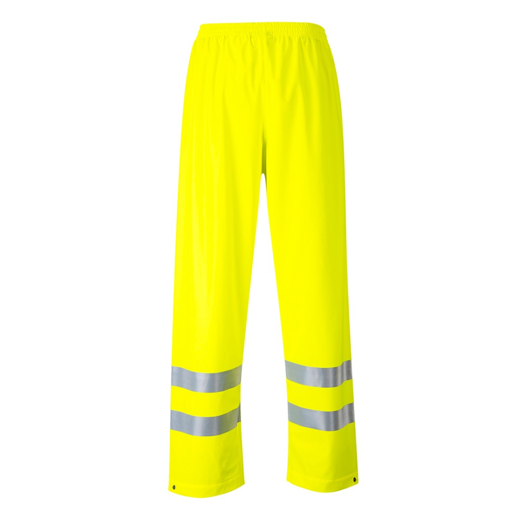 A pair of high-visibility yellow trousers featuring retroreflective tape panels, flame-resistant fabric, suitable for a wide range of outdoor and site work applications.