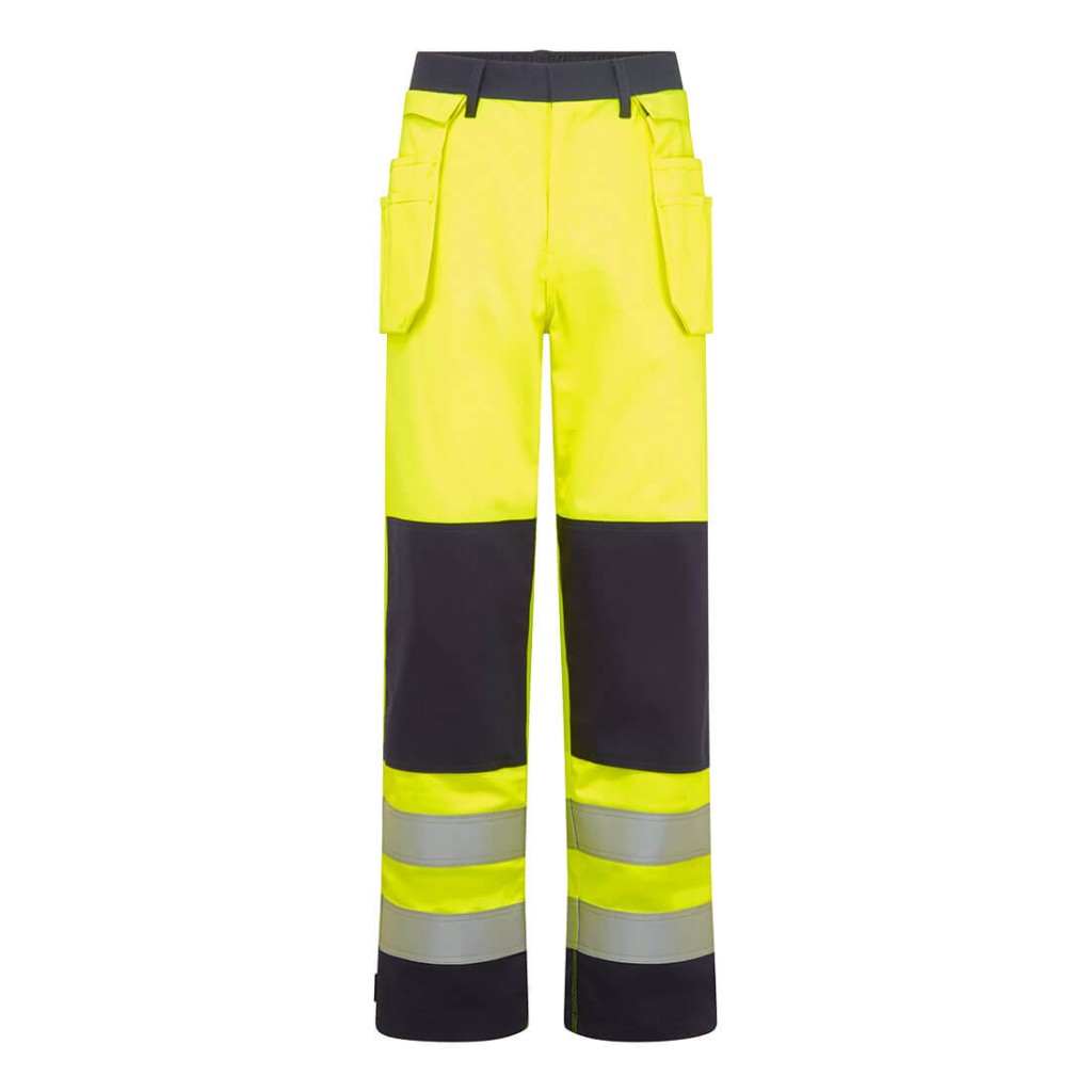 A pair of high-visibility yellow trousers featuring retroreflective tape panels, flame-resistant fabric, suitable for a wide range of outdoor and site work applications.