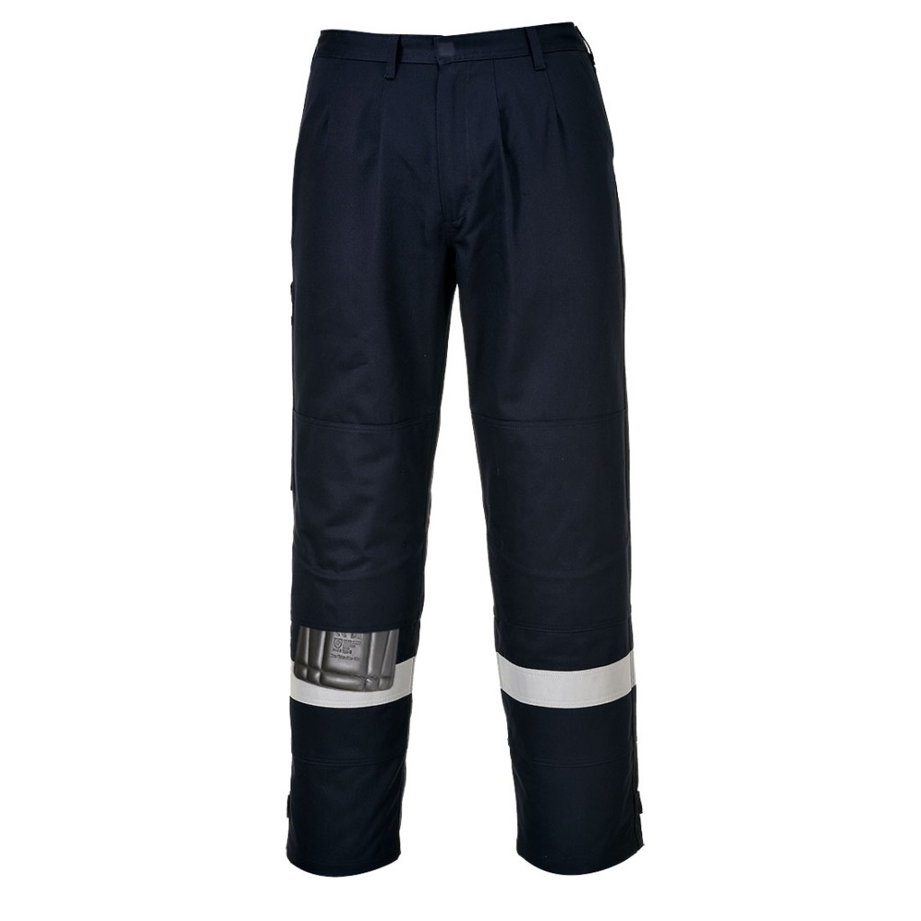 A pair of women's navy blue work trousers featuring flame-resistant fabric, suitable for a wide range of outdoor and site work applications.