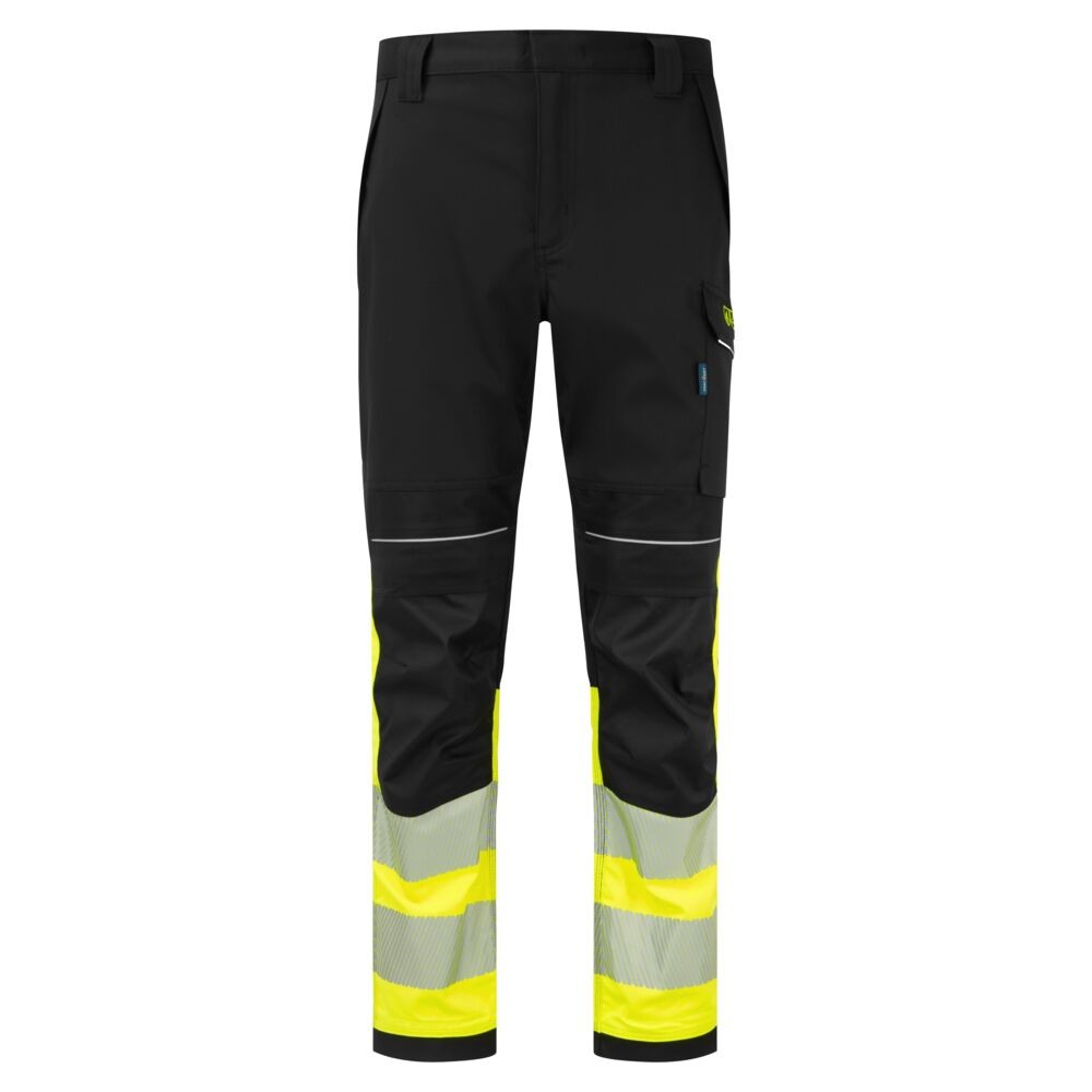 A pair of high-visibility yellow trousers featuring retroreflective tape panels, flame-resistant fabric, suitable for a wide range of outdoor and site work applications.