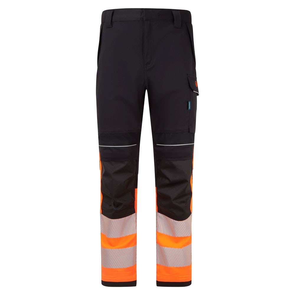 A pair of orange work trousers featuring flame-resistant fabric, suitable for a wide range of outdoor and site work applications.