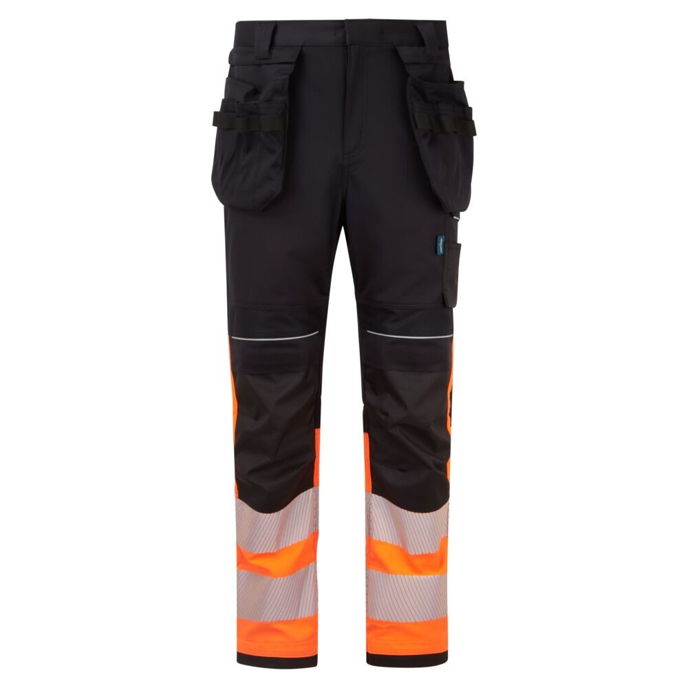 A pair of orange work trousers featuring flame-resistant fabric, suitable for a wide range of outdoor and site work applications.