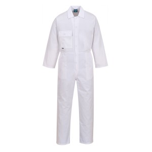 A white coverall designed for use on construction sites and in industrial work environments.,