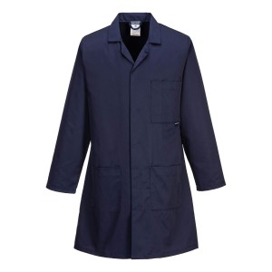 A navy blue jacket designed for use on construction sites and in industrial work environments.,