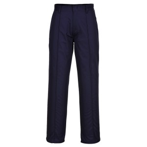 A pair of navy blue work trousers designed for use on construction sites and in industrial work environments.,