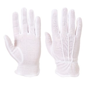 A pair of white work gloves with a textured grip palm and adjustable wrist closure, designed for general site use.