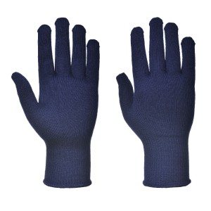A pair of navy blue work gloves with a textured grip palm and adjustable wrist closure, designed for general site use.