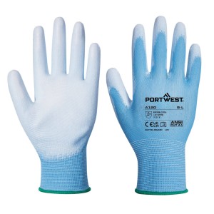 A pair of blue work gloves with a textured grip palm and adjustable wrist closure, designed for general site use.